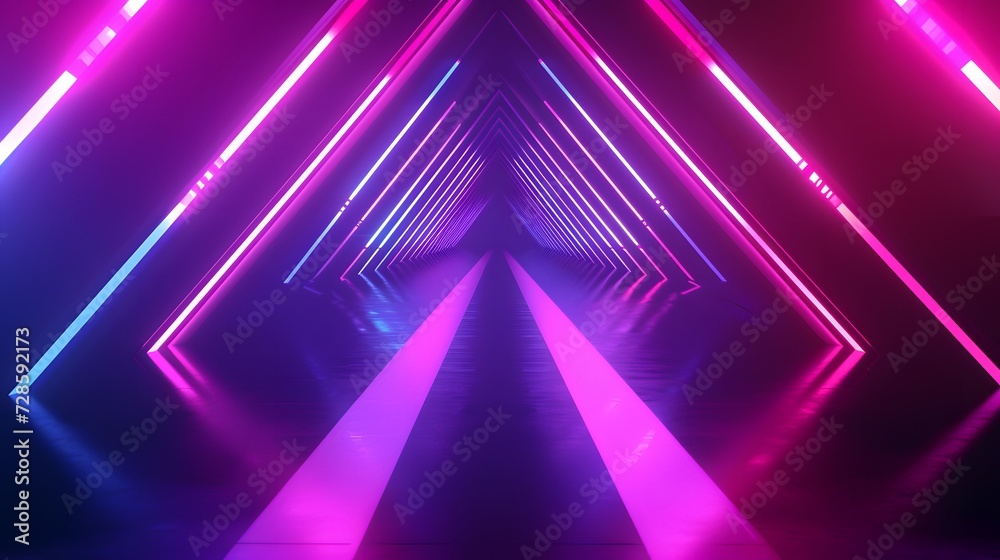 Obraz premium Triangle tunnel colorful neon glowing lights. Laser lines and LED technology create glow in dark room. copy space, wallpaper, mockup.