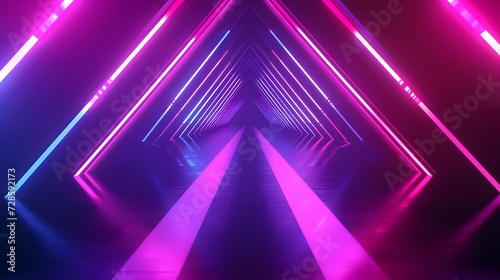 Fototapeta Naklejka Na Ścianę i Meble -  Triangle tunnel colorful neon glowing lights. Laser lines and LED technology create glow in dark room. copy space, wallpaper, mockup.