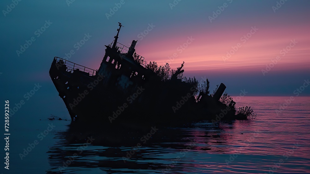 Dusk's Shadow: Silhouette of a Sunken Ship in Twilight Hours with Subdued Colors in the Background