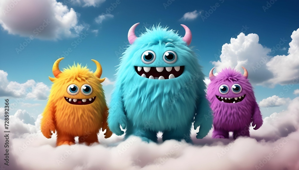 Cute fluffy monsters 4k wallpaper, kids wallpaper concept, clouds and sky background, hd created with generative ai