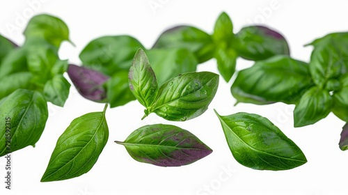 Green basil leaves with Clipping paths, full depth of field. Fresh red basil herb leaves isolated on white background. Purple Dark Opal Basil. Focus stacking. Generative AI