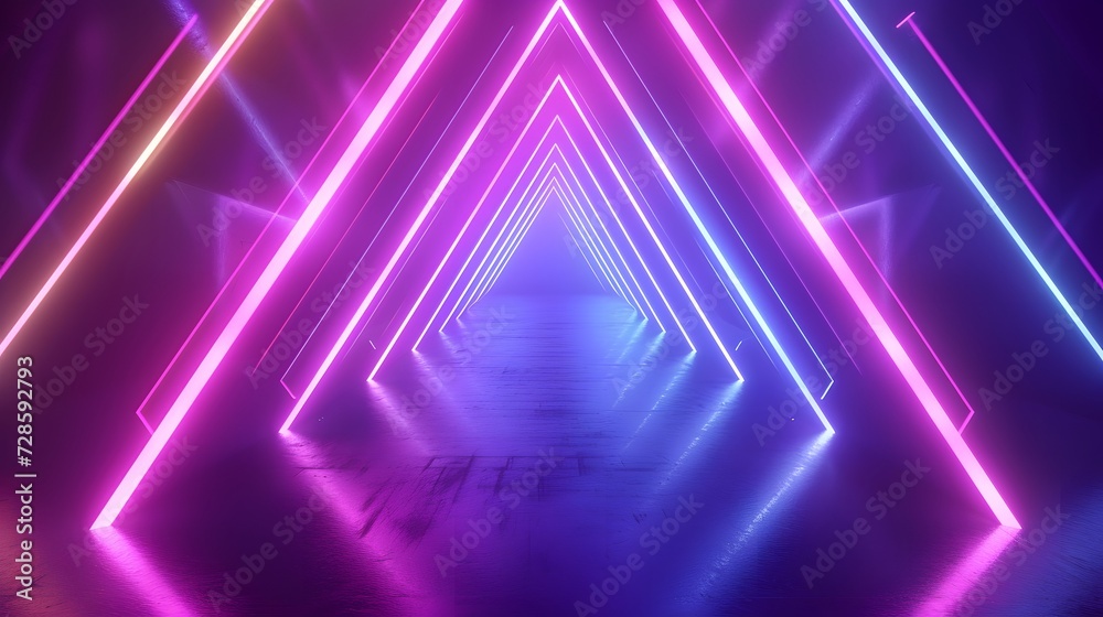 Fototapeta premium Triangle tunnel colorful neon glowing lights. Laser lines and LED technology create glow in dark room. copy space, wallpaper, mockup.