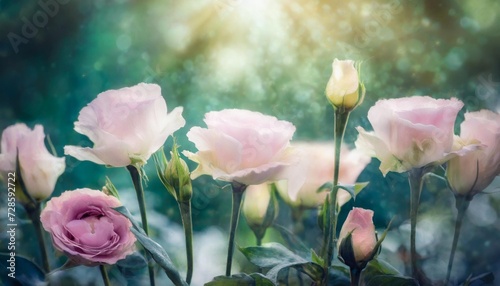 fantasy eustoma flowers grow in a row in enchanted fairy tale dreamy garden with fabulous fairytale blooming tender roses in early magical morning on mysterious floral green background with sun rays