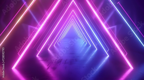 Fototapeta Naklejka Na Ścianę i Meble -  Triangle tunnel colorful neon glowing lights. Laser lines and LED technology create glow in dark room. copy space, wallpaper, mockup.
