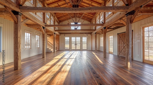 Cozy Barn Retreat: Empty Room with Rustic Wooden Beams, Plank Floors, and a Warm, Inviting Ambiance