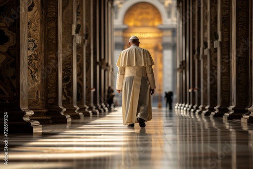 A Man in a Priests Outfit Walking Down a Hallway