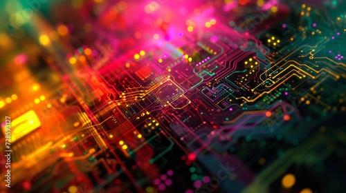 Computer Circuit Board With Colorful Lights in the Background © Yana