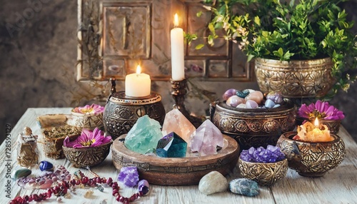 beautiful esoteric and mystical altar for meditation with crystals and semi precious stones