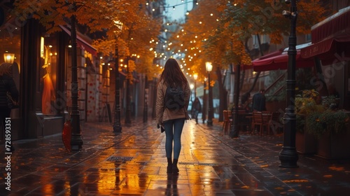 Woman Walking Down a Rainy Street