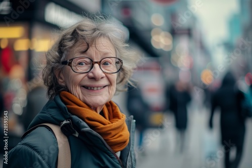 Older Woman Wearing Glasses and Scarf on a City Street © Yana