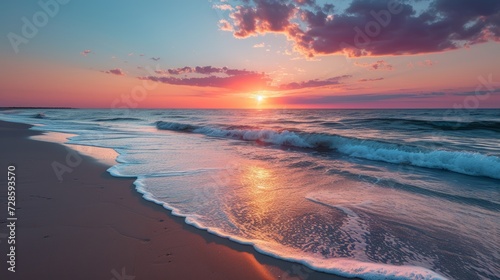 A romantic beach sunset  where waves meet the shore  reflecting the harmony of love