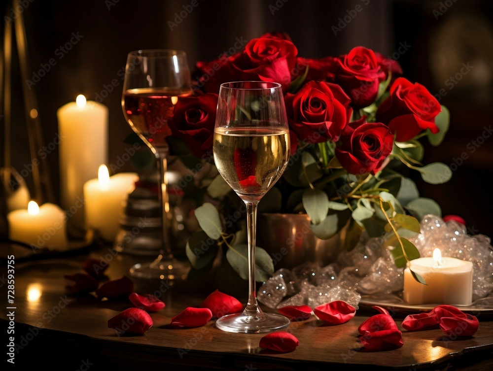 Valentine's Day background with red roses, candles and glasses of wine Valentine's Day background with red roses, candles and glasses of wine