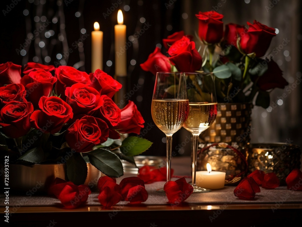 Valentine's day romantic still life with red roses, candles and wine glasses Valentine's day romantic still life with red roses, candles and wine glasses