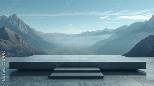 A solitary podium  blending seamlessly with a picturesque mountain