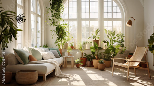 Living room interior design in scandinavian style filled with a lot of potted plants