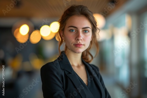 Woman in Black Suit Poses for Picture