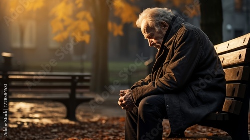 Lonely Elderly Man Sitting Alone on a Park Bench During Autumn