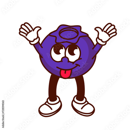 Groovy cartoon happy blueberry character with hands up. Funny retro berry waving to say Hello, purple blueberry mascot with tongue sticking out, cartoon sticker of 70s 80s style vector illustration