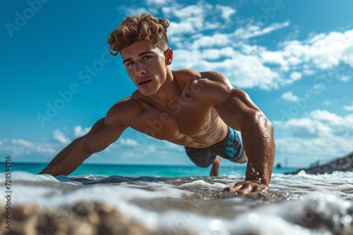 Man Doing Push Ups on the Beach