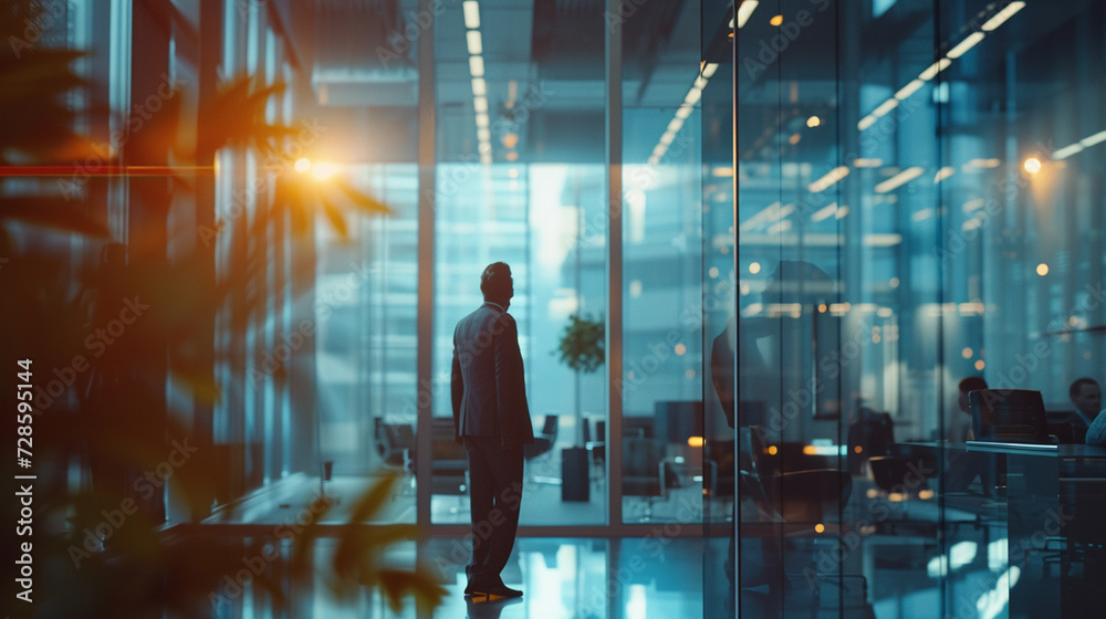 blurred office background, glass window, people working, jo and