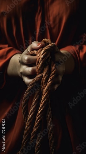 female hands tied with rope. Concept illustration for themes about personal freedom, psychological limitations or an emphasis on textures and details 