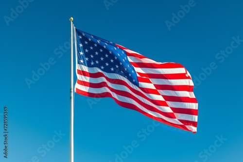 A Large American Flag Flying in the Blue Sky