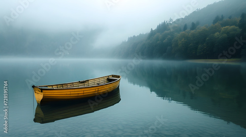 a boat on the misty lake