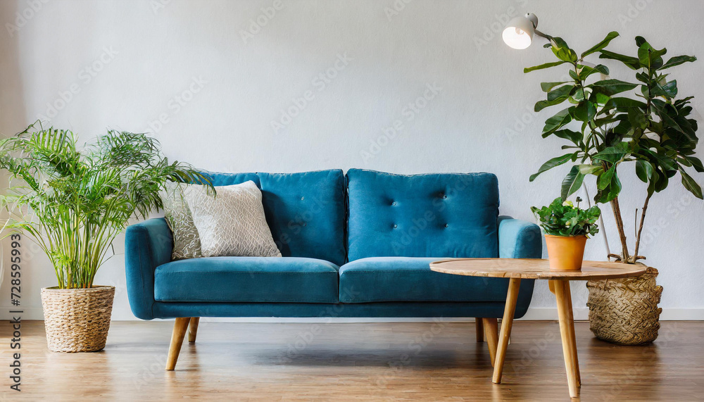Empty living room with blue sofa, plants and table on empty white wall background, Empty living room with blue sofa, plants and table on empty white wall background,