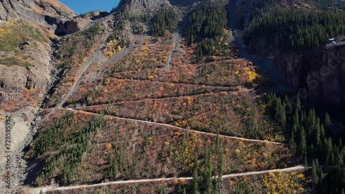 Drone shot swooping in towards Black Bear Pass in Telluride, CO in the fall photo