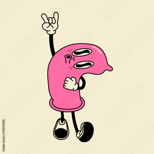 Retro condom mascot character -. 40s, 50s, 60s old animation style. Safe sex,birth control and contraception concept	
