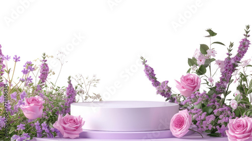 Romantic  flower Podium for product presentation. Arrangement for a Spa Still Life  Wedding  or Celebration Table Decoration with Elements of Beauty  blank space for advertising