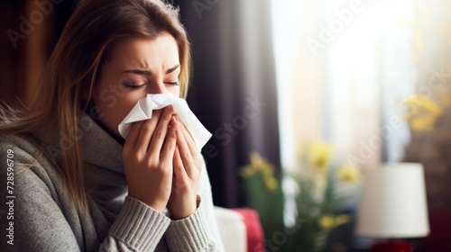 Sick woman blowing her nose with handkerchief, Sneezing, Common Cold