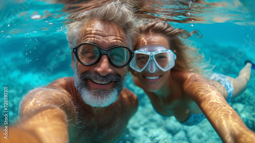 An elderly man and a woman share a joyful moment underwater, snorkeling in clear blue waters, capturing the essence of active senior living.