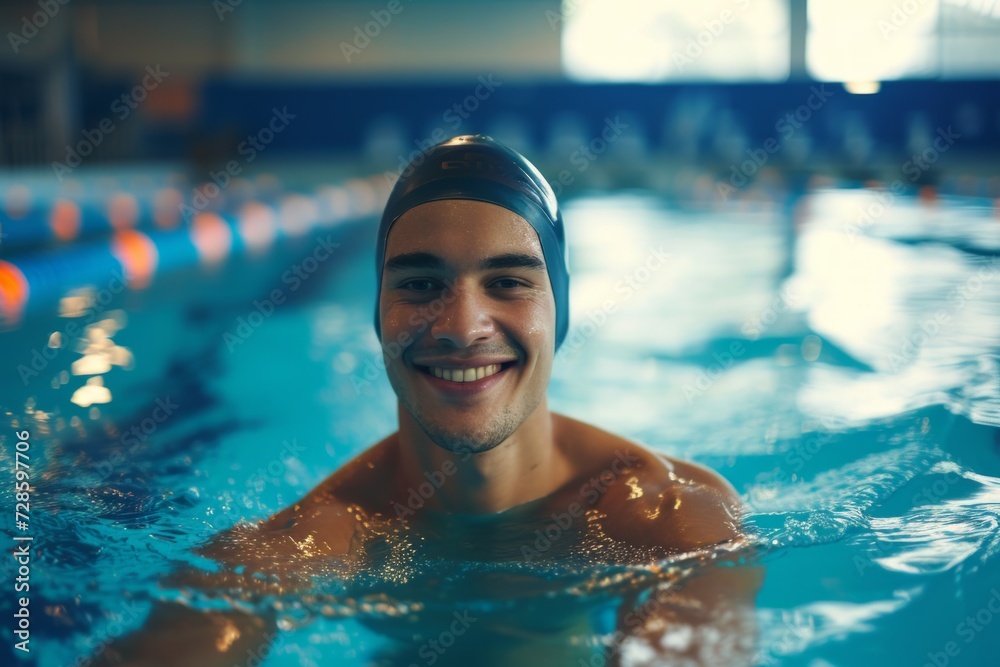Smiling Man in Swimming Cap in Pool