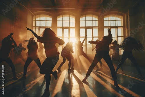 In the studio, a diverse group of fashionable girls dressed in modern sports clothing showcases their dance moves, embodying a fusion of style and fitness.