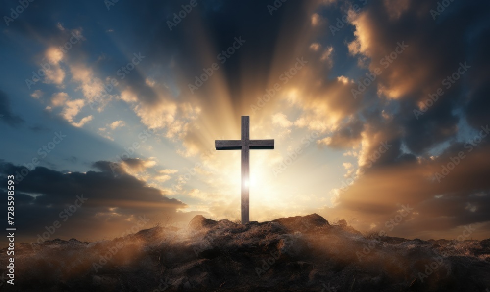 A cross breaking through the clouds, a symbol of redemption and resurrection, Holy Easter, the crucifixion of Jesus
