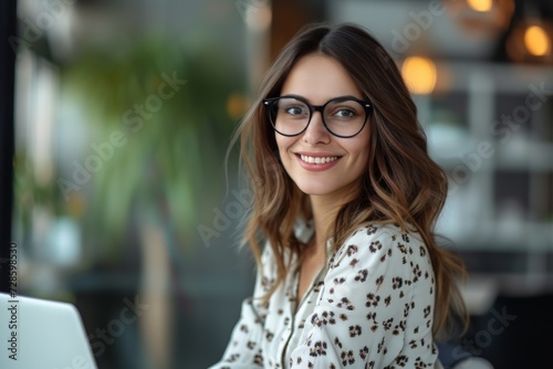 Woman Wearing Glasses Sitting in Front of a Laptop Computer