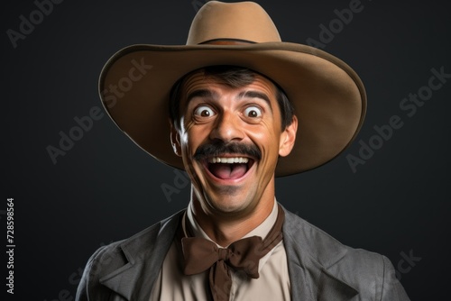 a man in a cowboy hat is smiling in front of something dark,  storybook illustration, close up, expert draftsmanship 
 photo