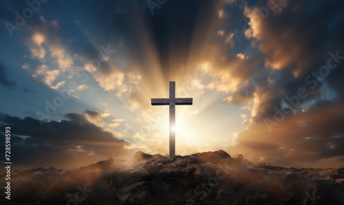 A cross breaking through the clouds, a symbol of redemption and resurrection, Holy Easter, the crucifixion of Jesus