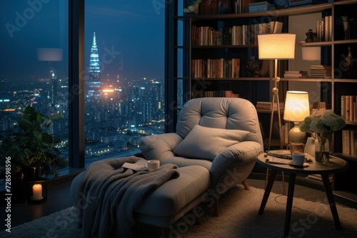 cozy and modern home library with a comfortable chair and a delightful view of the evening city from a large panoramic window