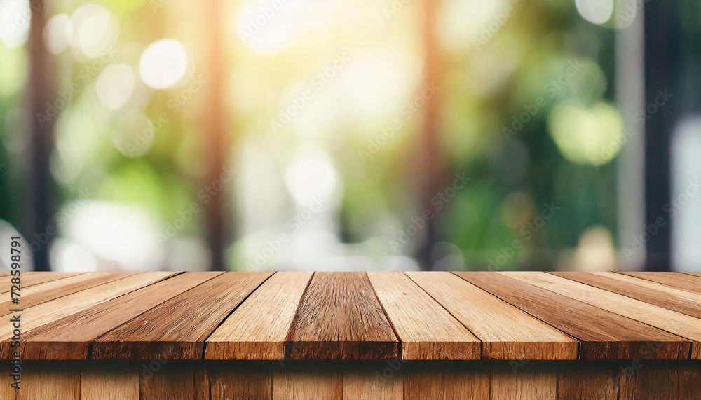 Empty beautiful wood table top counter and blur bokeh modern kitchen interior background in clean and bright,Banner, Ready for product montage.