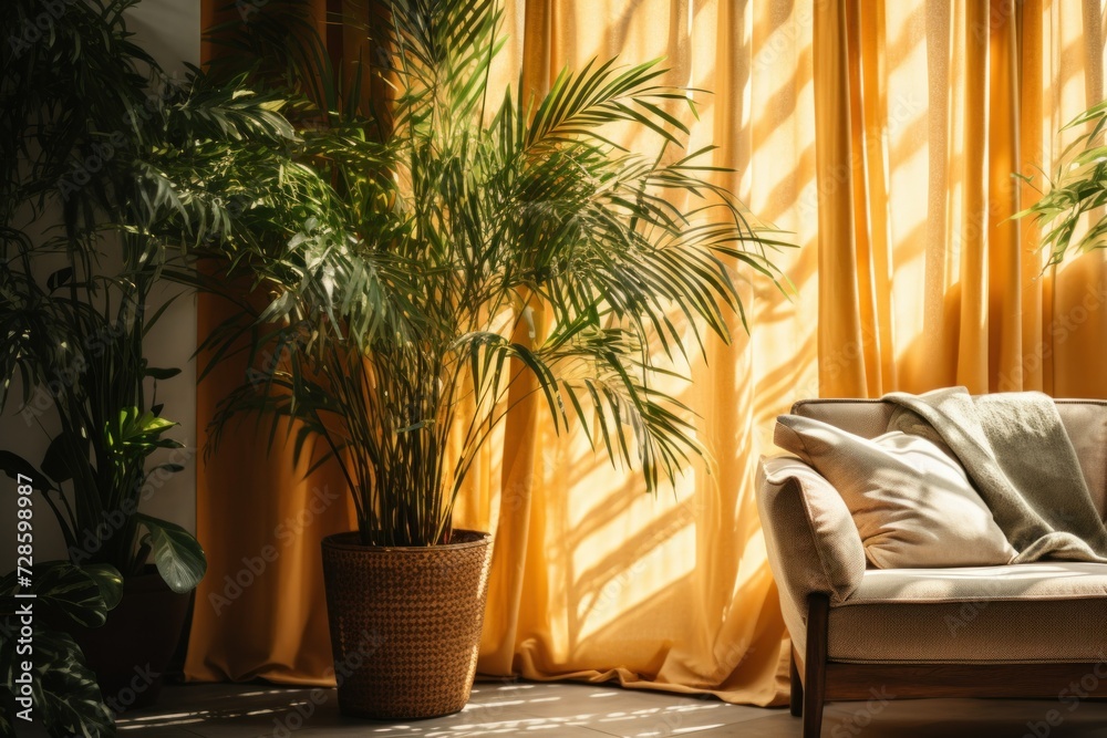 sunny cozy room with curtains and tropical potted plant