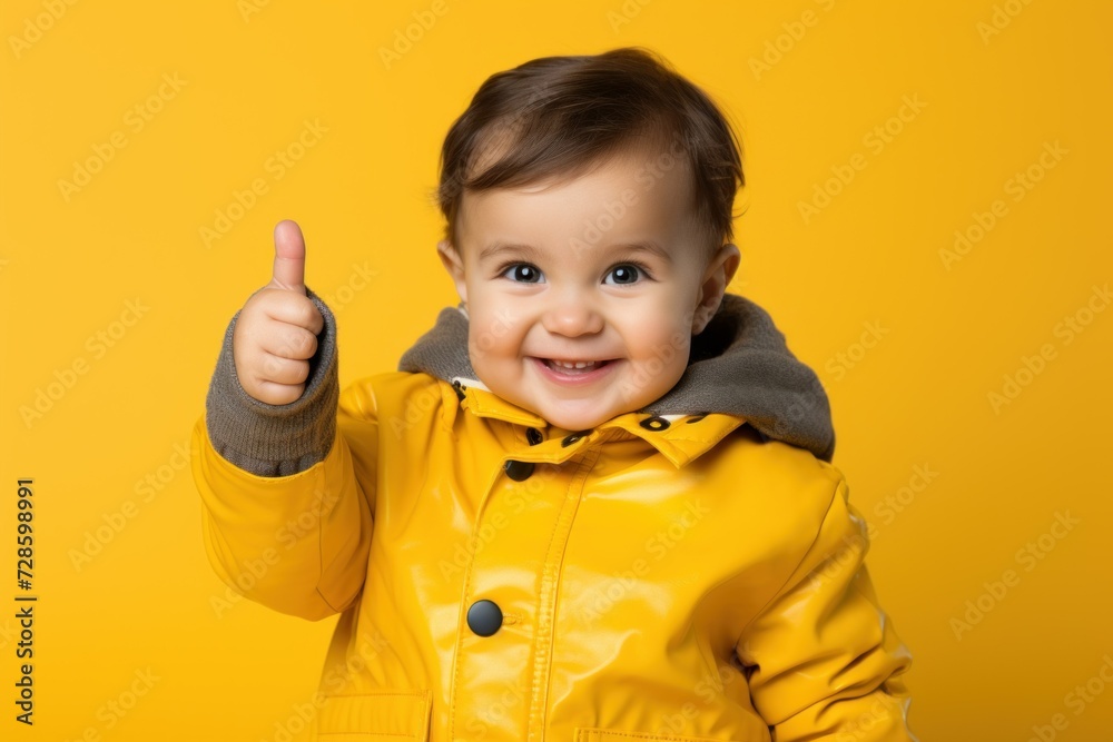 Innocent baby clad in sunny yellow attire flashes a thumbs up against a matching backdrop, radiating approval and positivity Innocent baby clad in sunny yellow attire flashes a thumbs up against a matching backdrop, radiating approval and positivity