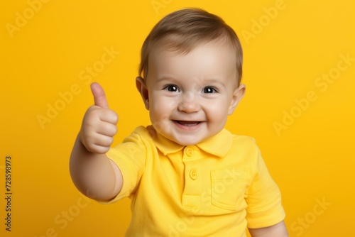 Yellow-clad infant on a sunshine-hued background offers a cheerful thumbs-up gesture, symbolizing pure affirmation and innocence