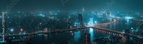 Smart city dot point connect with gradient grid line, internet of things connection technology metaverse icon concept. Night city with big data. AI generated illustration