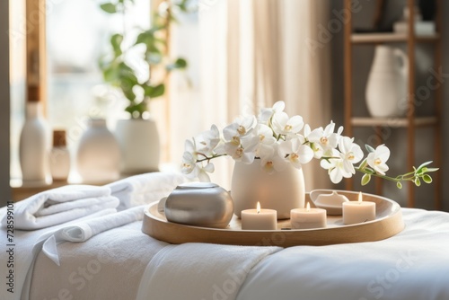 Calm spa atmosphere: empty massage table, fresh towels, scented oils, candles, flowers, and sunlight. Invites relaxation and rejuvenation