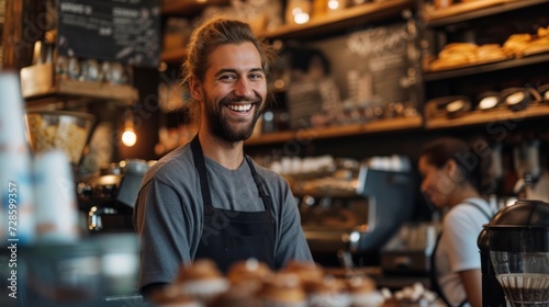 Smiling Man Behind Coffee Shop Counter