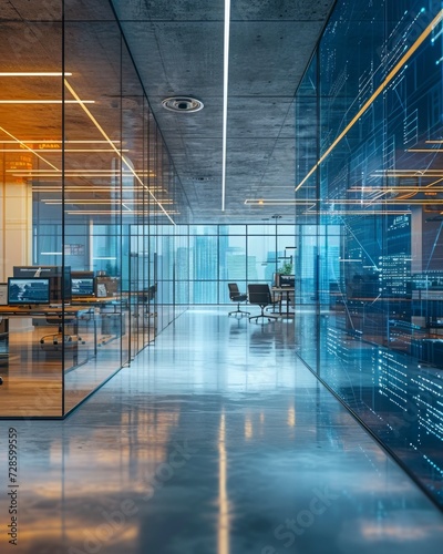 An Empty Office With Glass Walls and Desks