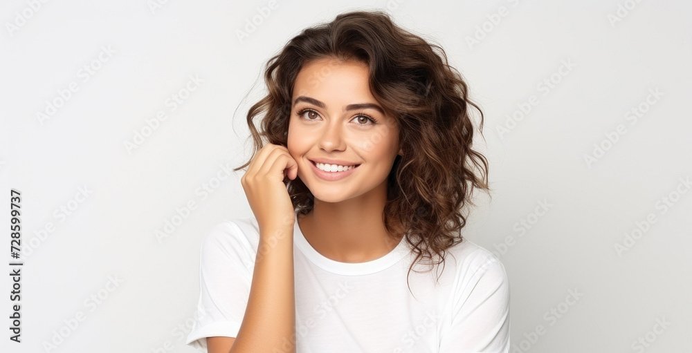 Beautiful portrait of young brunette adult woman holding chin and looking away, on white background, healthy hair, perfect skin, beautiful smile Beautiful portrait of young brunette adult woman holding chin and looking away, on white background, healthy hair, perfect skin, beautiful smile