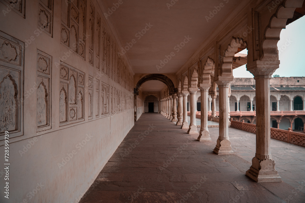 Royal marble and red sandstone walking pathway in red fort agra india